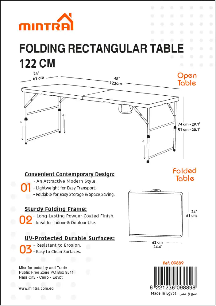 RF 122 White - Rectangular fold in half table 122 cm (Height Adjustable)